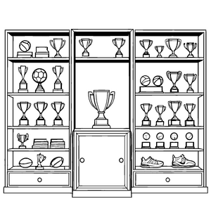 Strahlender Trophäenschrank mit bunten Sportpokalen Malvorlage für kleine Champions und zukünftige Sportlegenden