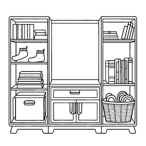 Elegante Schrankwand mit praktischen Schubläden und Büchern Ausmalbild für kleine Designliebhaber