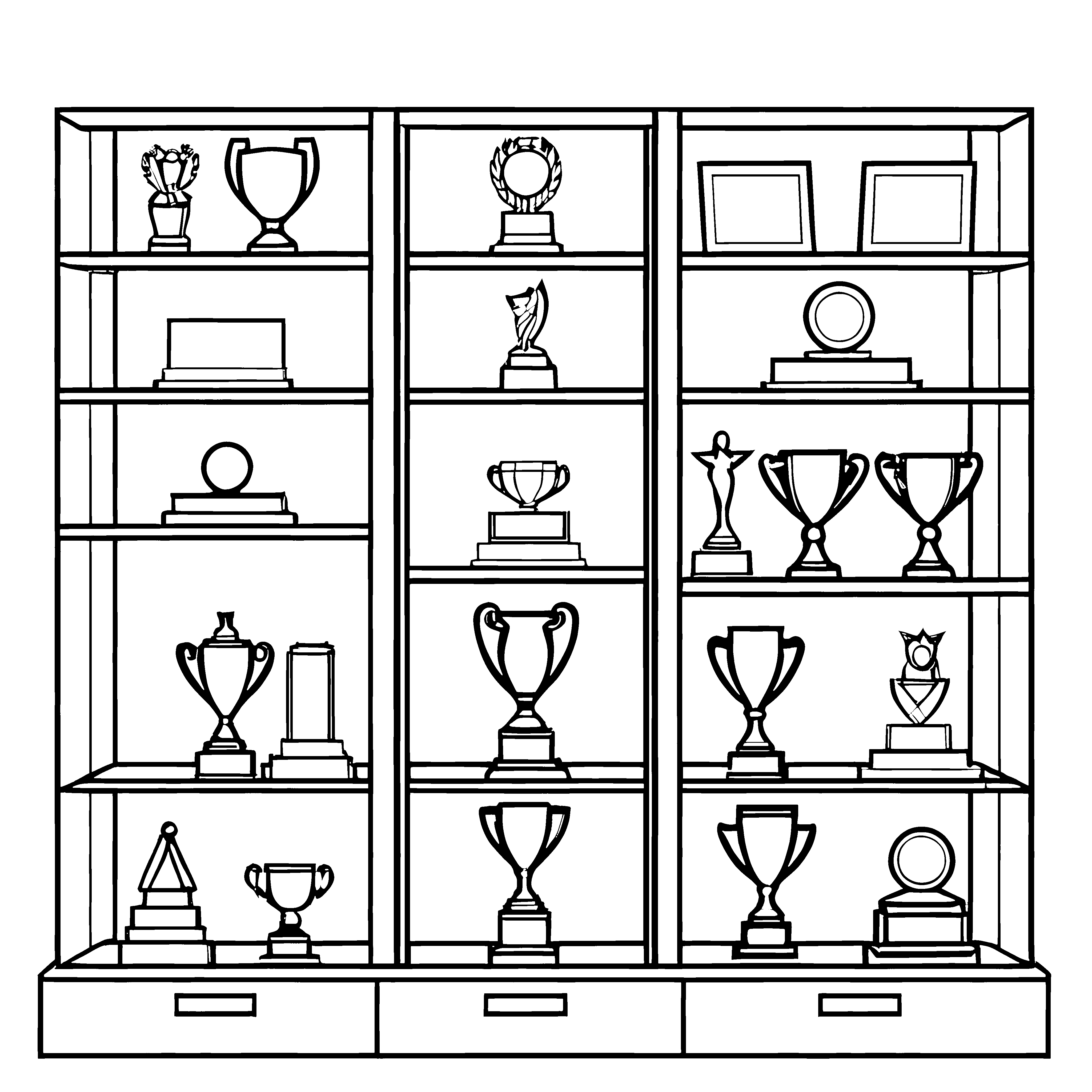 Vielfältiger Trophäenschrank mit beeindruckenden Auszeichnungen Ausmalvorlage für ehrgeizige Gewinner und kreative Träumer