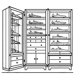 Abenteuerlicher Sammelschrank mit beeindruckenden Modellschiffen Ausmalbild für kleine Kapitäne und Entdecker