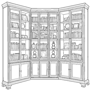 Bezaubernder Sammelschrank mit interessanten Vasen und Büchern Ausmalvorlage für neugierige Entdecker mit Ideenreichtum
