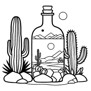Faszinierende Flasche mit vielfältigen Kakteen und Mondlicht Ausmalbild für kleine Traumschneider