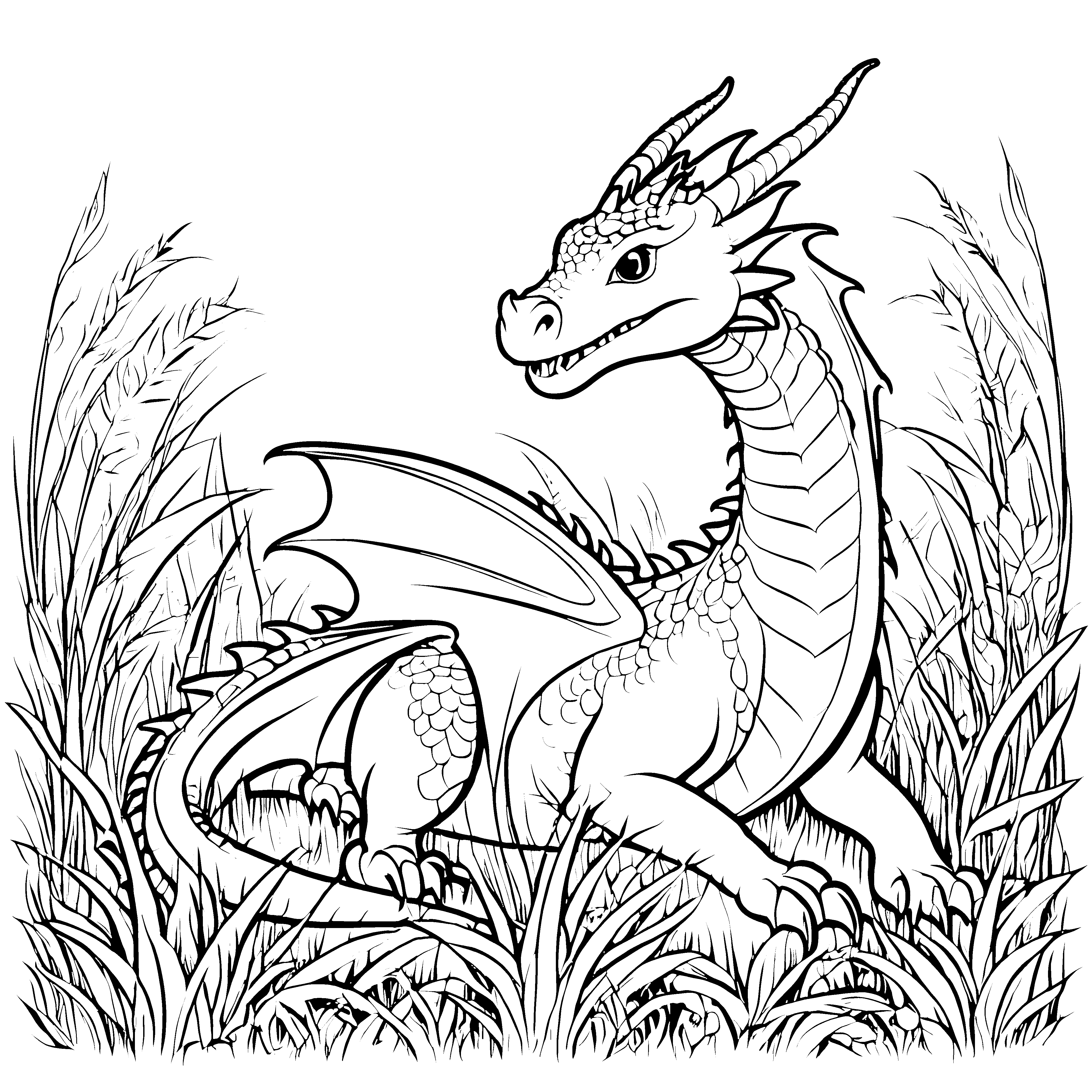 Fantasievoller Drache im hohen Gras Malvorlage für kleine Traumbauer