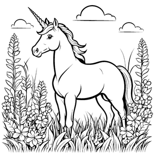 Bezauberndes Einhorn zwischen hohen Pflanzen Ausmalbild für kleine Traumfänger