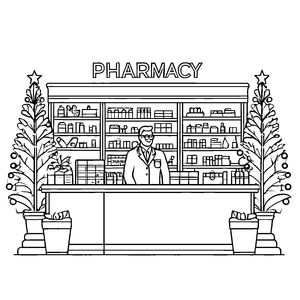 Bezaubernde Apotheke mit Pflanzen und freundlichem Apotheker Ausmalvorlage für junge Gesundheitshelden