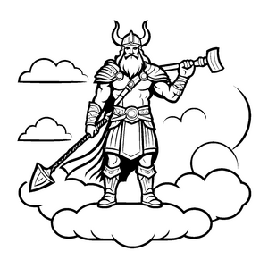 Vikinger Gott auf Wolke mit mächtigem Hammer Malvorlage für junge Abenteuerlustige