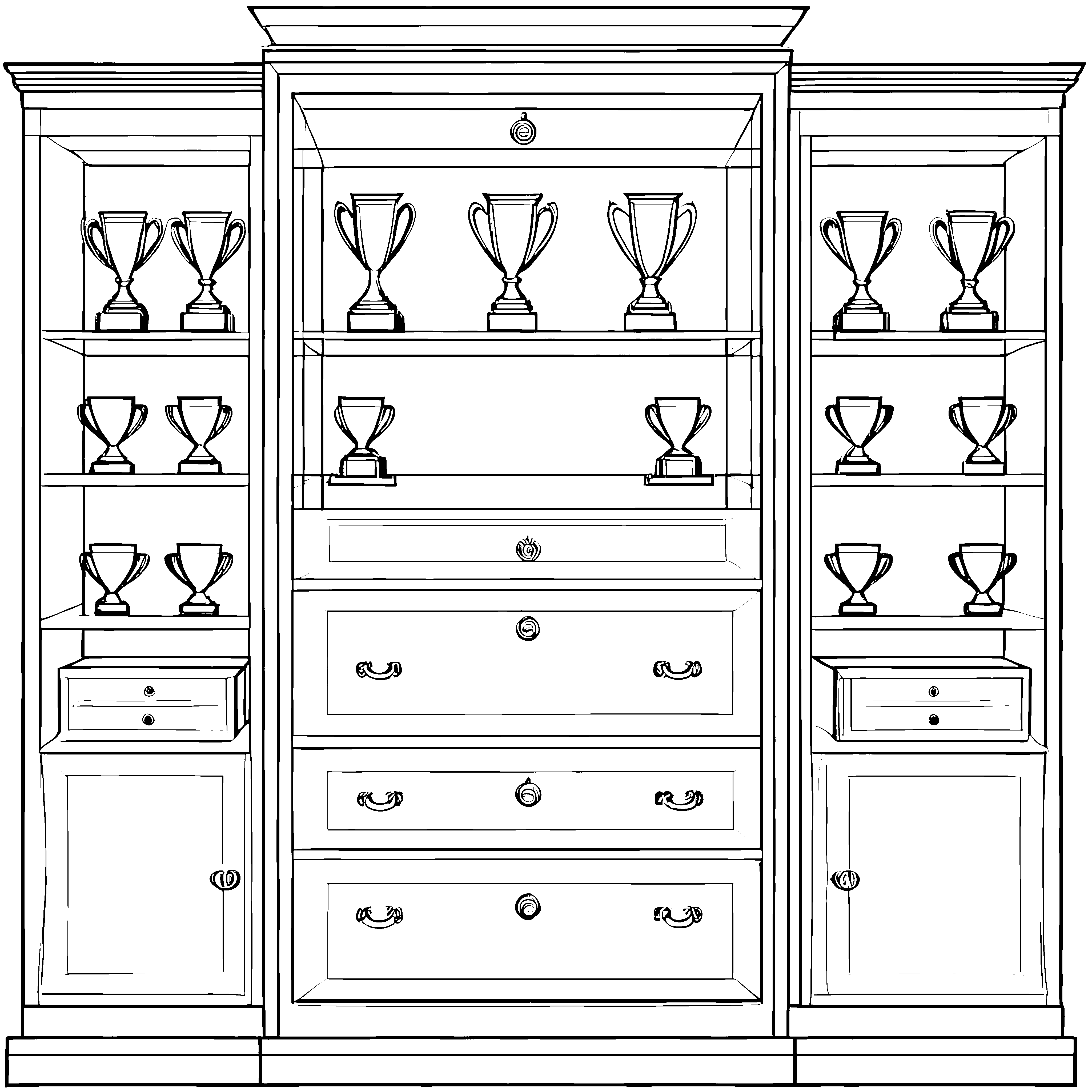 Fantasievoller Trophäenschrank mit funkelnden Ehrenpreisen Ausmalbild für kleine Sieger und kreative Entdecker