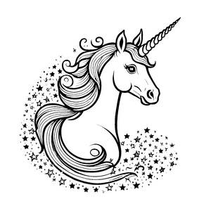 Glitzerndes Einhorn mit sternenübersätem Hintergrund Malvorlage für fabelhafte Fantasiereisen