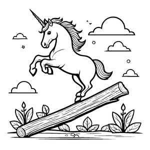 Fantastisches Einhorn auf einem Baumstamm umgeben von Pflanzen Ausmalmotiv für neugierige Entdecker und kleine Traumschmieder