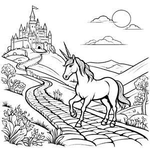 Elegantes Einhorn auf dem Weg zum Schloss Ausmalbild für abenteuerlustige Märchenjäger