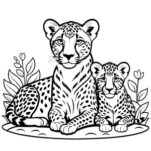 Schüchterne Gepardenjungtiere im Gras mit ihrer Mama Ausmalbild für neugierige Tierentdecker in der Natur