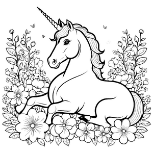 Bezauberndes Einhorn im blühenden Blumenfeld Ausmalbild für fantasievolle Künstler und kleine Blumenfreunde