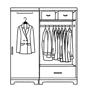Stylischer Kleiderschrank mit schimmernden Jacken Ausmalvorlage für kleine Modezauberer