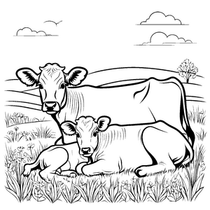 Herzliche Kuh mit süßem Kalb Ausmalvorlage für neugierige kleine Tierliebhaber