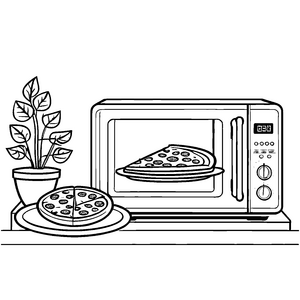 Zwei schwebende Pizzen auf der Mikrowelle Ausmalvorlage für kreative Küchenzauberer