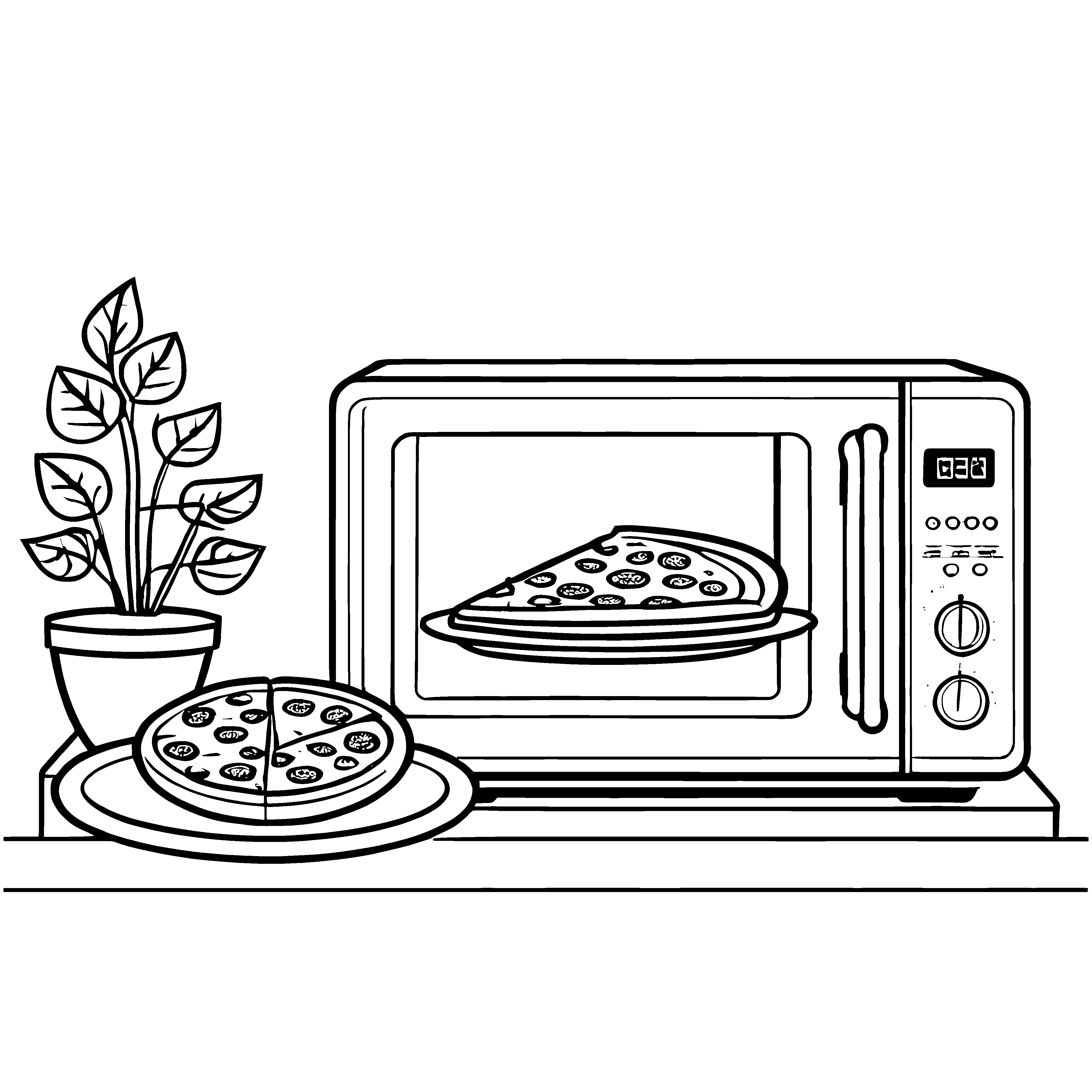 Zwei schwebende Pizzen auf der Mikrowelle Ausmalvorlage für kreative Küchenzauberer