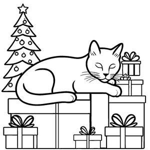 Schlafende Katze auf Geschenken unter dem Baum Bastelmotiv für fröhliche Weihnachtsfreunde