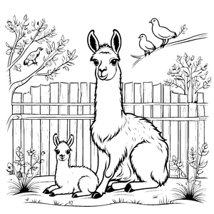 Lustiges Lama Jungtier und sein Freund am Zaun Ausmalbild für fröhliche Tierliebhaber