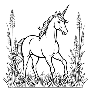 Majestätisches Einhorn inmitten hohem Gras Ausmalbild für tapfere Fantasiehelden und kleine Abenteuerlustige