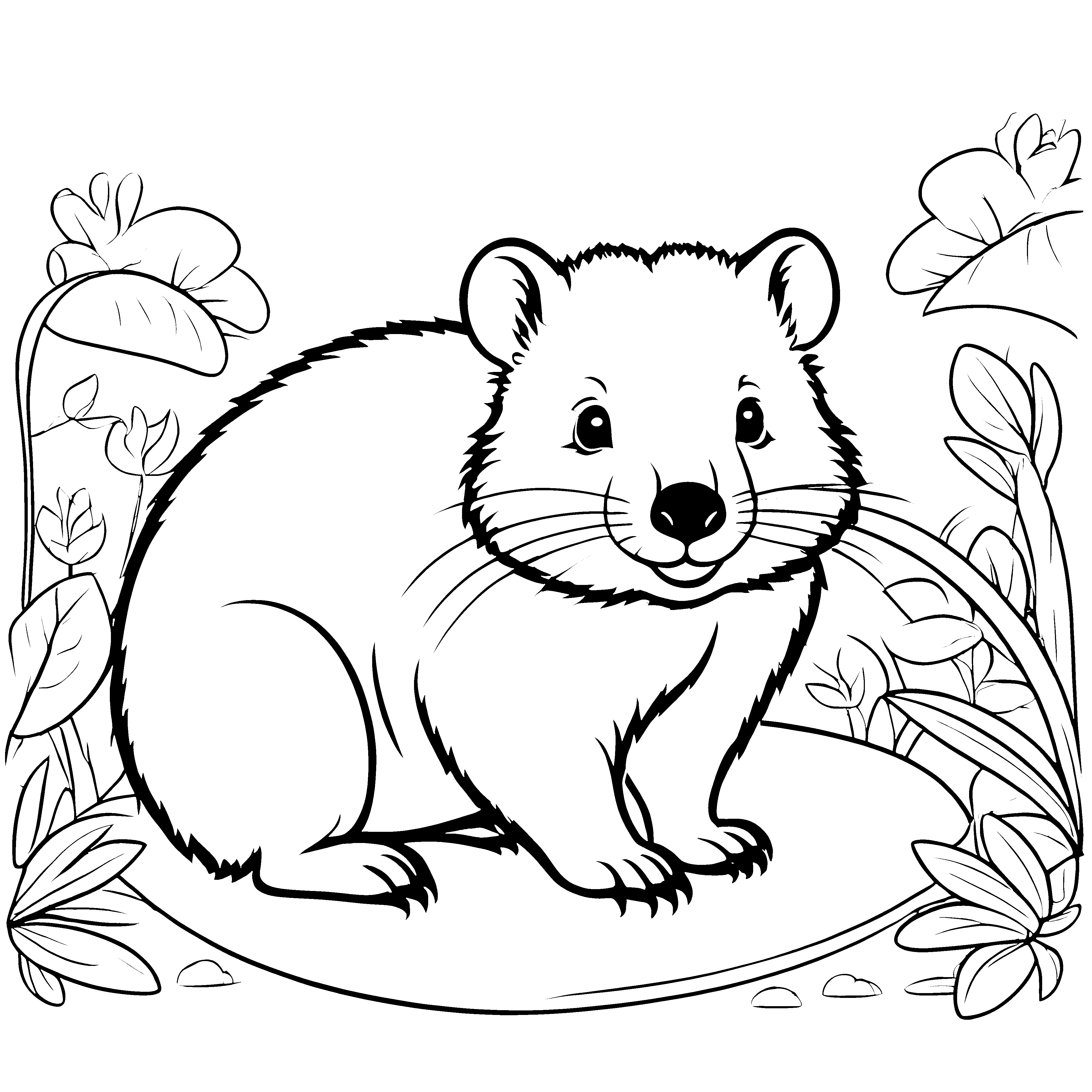 Bezaubernder Baby-Wombat im blühenden Garten Ausmalmotiv für fantasievolle Naturfreunde
