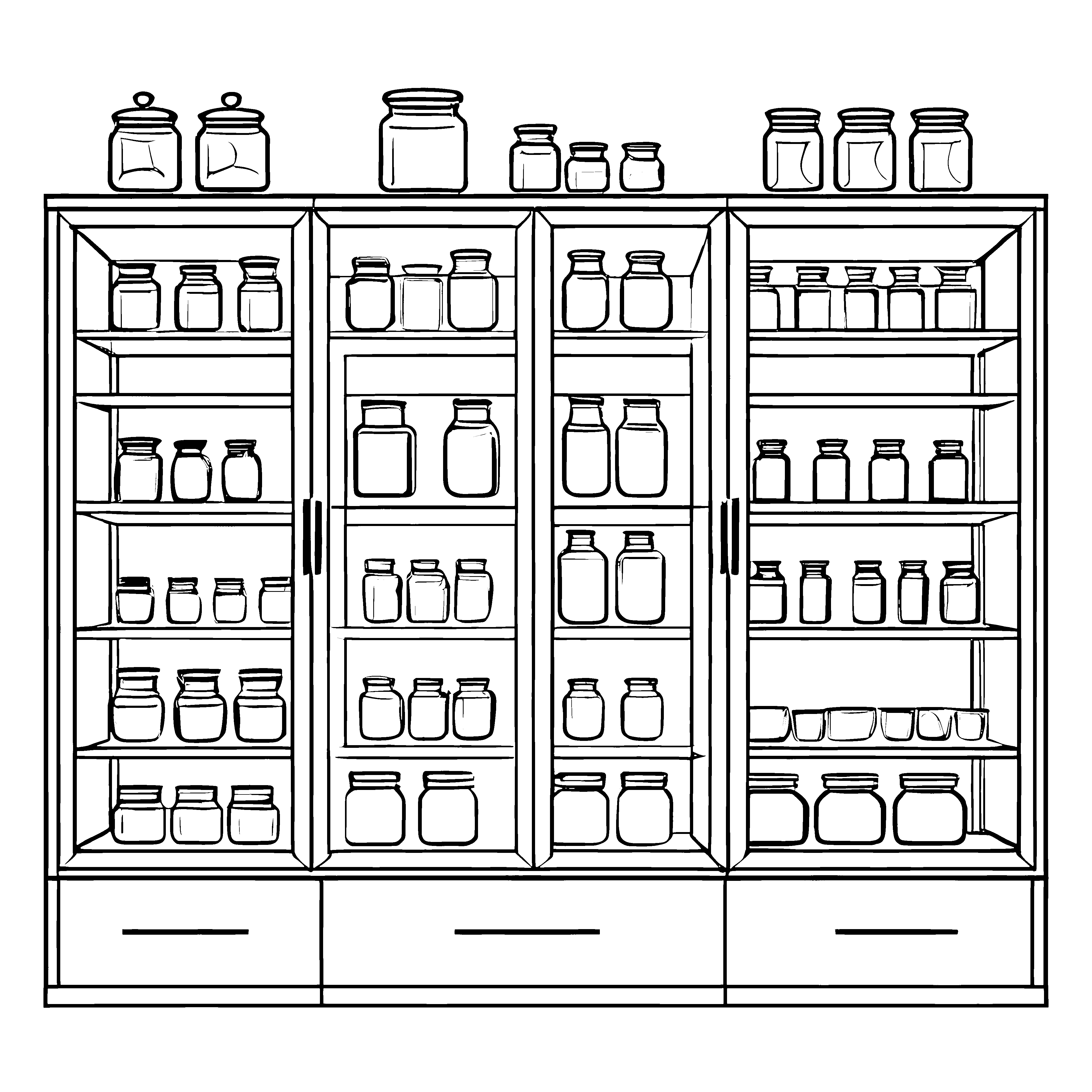 Fantasievoller Sammelschrank mit vielfältigen Gläsern Ausmalbild für neugierige Küchenzauberer