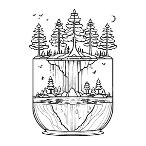 Faszinierende Flasche mit heimeliger Waldidylle und Vögeln Ausmalvorlage für abenteuerlustige Naturfreunde