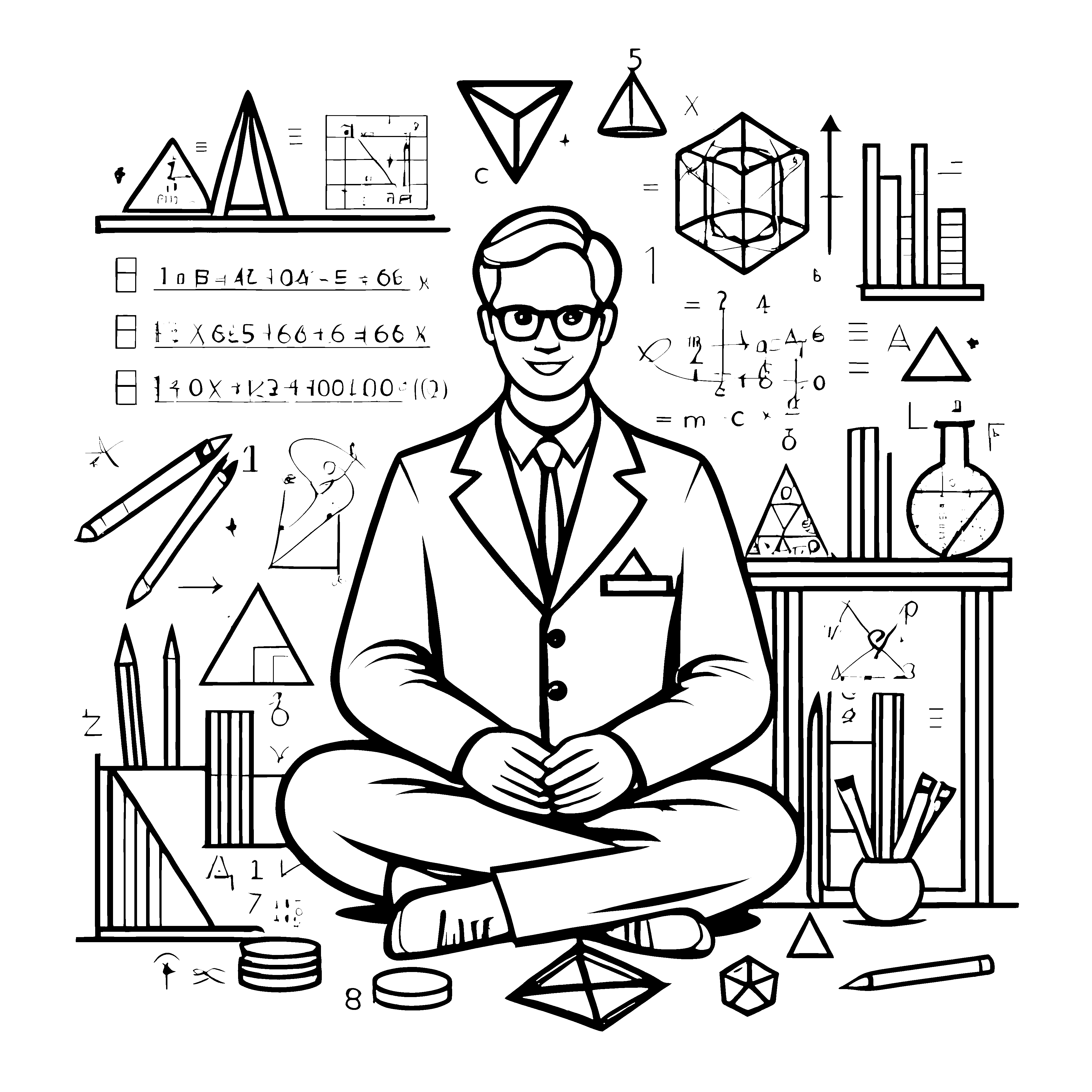 Nachdenklicher Mathematiker mit geometrischen Formen Ausmalvorlage für kleine Ideenfinder