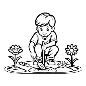 Junger Entdecker beim Spiel mit Blumen und Erde Ausmalmotiv für kleine Naturabenteurer