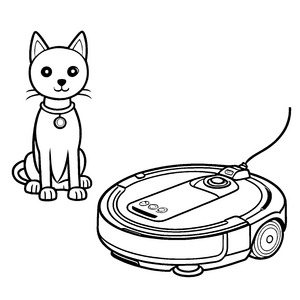Niedliche Katze neben praktischem Staubsauger Ausmalmotiv für neugierige Entdecker