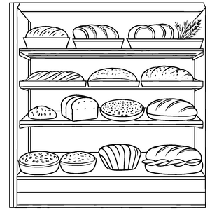 Vielfältige Brotsorten auf dem Bäckereiregal Ausmalbild für kleine Feinschmecker