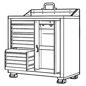 Kreativer Werkzeugschrank auf Rädern mit vielen Fächern Ausmalmotiv für tüchtige Forscher und kleine Handwerker