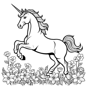 Schillerndes Einhorn in einem Blumenmeer Ausmalbild für kleine Farbzauberer