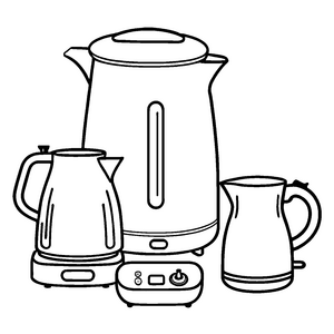 Dynamischer Kaffeekessel mit kreativem Zubehör Malvorlage für junge Küchenprofis