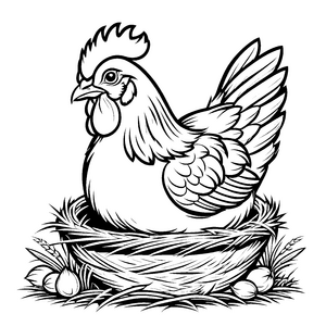 Zuckersüßes Huhn in gemütlichem Korb mit Eiern Ausmalbild für kleine Kunsttalente
