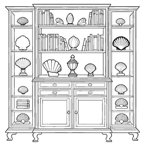 Fantasievoller Sammelschrank mit zauberhaften Muscheln und Vasen Malvorlage für kreative Sammler und kleine Geschichtenerzähler