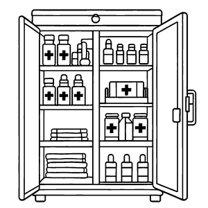 Bezaubernder Medizinschrank mit vielfältigen Fläschchen Ausmalvorlage für fantasievolle Gesundheitsabenteurer