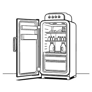 Bunter Kühlschrank mit sprudelnden Getränken und Snacks Ausmalbild für kreative Küchendetektive