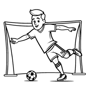 Bezaubernder Junge beim Fußballspielen mit Ball Malvorlage für leidenschaftliche Sportfreunde