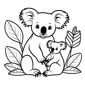 Bezaubernde Koalabär-Mama mit ihrem Baby auf Blatt Ausmalvorlage für kleine Tierliebhaber