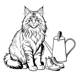 Majestätische Maine Coon Katze neben Gießkanne Malvorlage für stolze Tierliebhaber