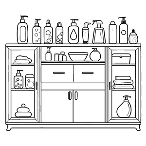 Stylischer Badezimmerschrank mit bunten Flaschen Malvorlage für kleine Gestaltungskünstler voller Ideen