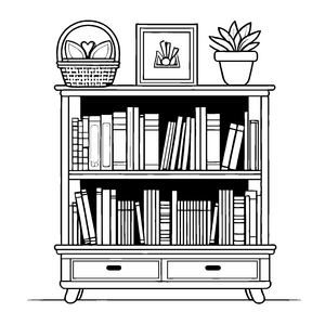 Faszinierender Bücherschrank mit bunten Büchern und Pflanzen Ausmalmotiv für neugierige Geschichtenerzähler