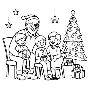 Frohe Familie beim Geschenkeauspacken Ausmalmotivation für spannende Festtagsabenteurer