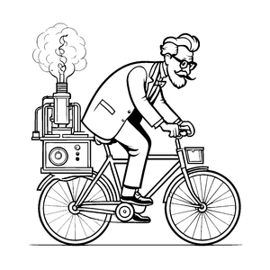 Kreativer Erfinder auf dem Fahrrad mit Radio Ausmalvorlage für fantasievolle junge Tüftler