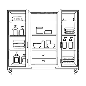 Fantasievoller Hängeschrank mit bunten Flaschen und Schüsseln Ausmalbild für kleine Entdeckerinnen