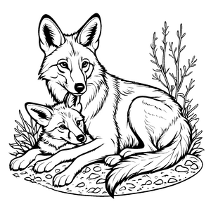 Zwei charmante Kojoten-Welpen auf Felsen Ausmalmotiv für fantasievolle Tierliebhaber