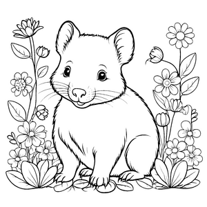 Niedlicher Baby-Wombat zwischen bunten Blumen Ausmalvorlage für kleine Gartenabenteurer