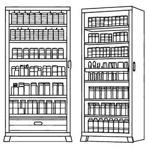 Vielfältiger Werkzeugschrank mit bunten Vorräten Ausmalvorlage für neugierige Entdecker und kleine Abenteurer