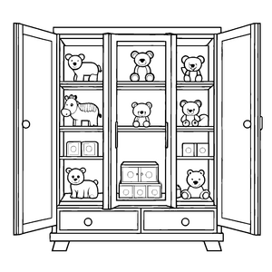Bezaubernder Spielzeugschrank mit Bären und Tieren Malvorlage für wissbegierige kleine Forscher und fantasievollen Spielmacher