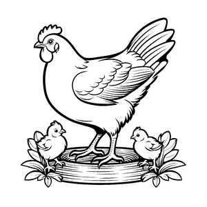 Warmes Huhn umgeben von zwei süßen Küken Ausmalbild für liebevolle Tierfreunde
